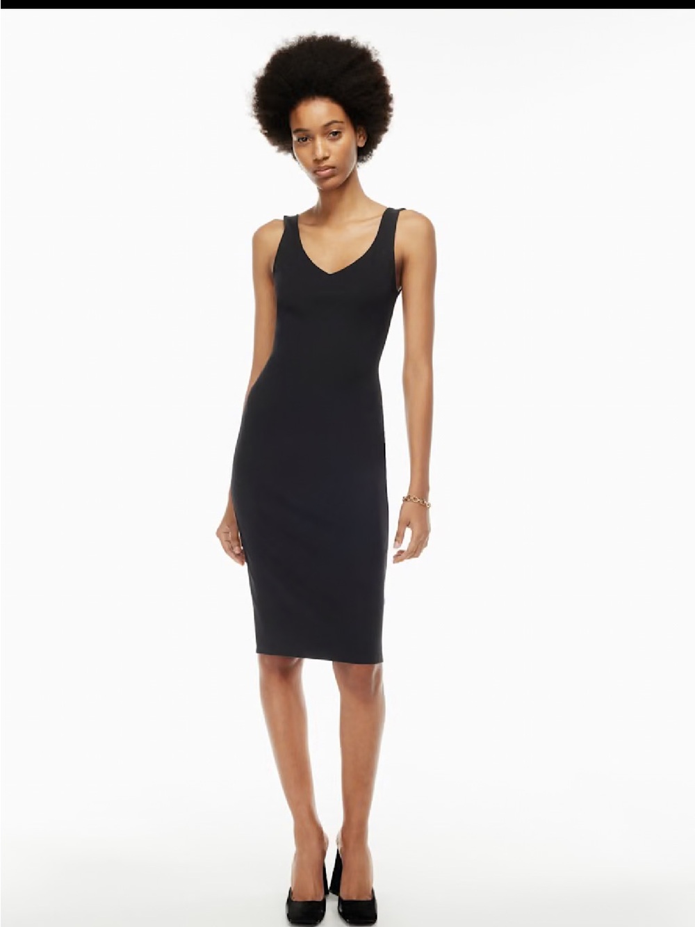 Babaton Beverly Black Dress Sleeveless Low V-Neck and Back Bodycon Midi Aritzia